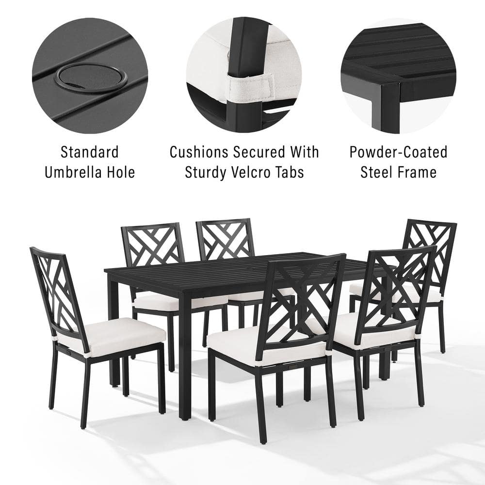 Locke 7-Piece Black Steel Outdoor Dining Set with Cream Cushions