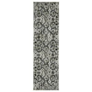 Galleria Charcoal 2 ft. x 8 ft. Oriental Medallion Distressed Polyester Indoor Runner Area Rug