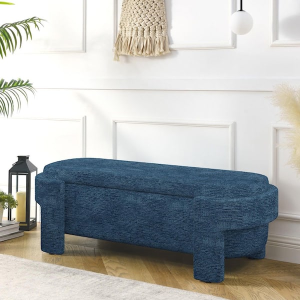 51.5 in. Dark Blue Linen Upholstered Storage Bedroom Bench with Large Hidden Compartment and Wood Legs for Living Room