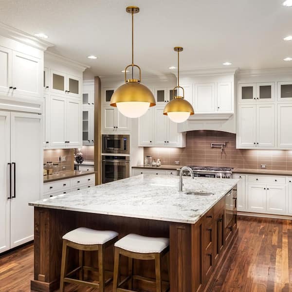 1-Light Gold Finish Modern Pendant Light Fixture with Opal Glass Shade for Dining Room or Kitchen Island