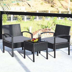 3-Piece Black Wicker Outdoor Bistro Table with Gray Cushions and 2-Chairs for Backyard, Poolside, Garden