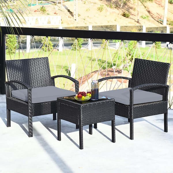 Zeus & Ruta 3-Piece Black Wicker Outdoor Bistro Table with Gray Cushions and 2-Chairs for Backyard, Poolside, Garden