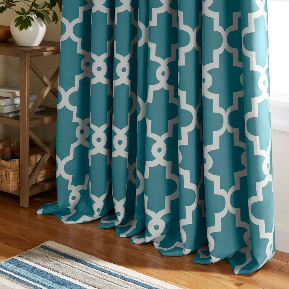 Teal and White Geometric Blackout Grommet Curtain Panels, 52x84