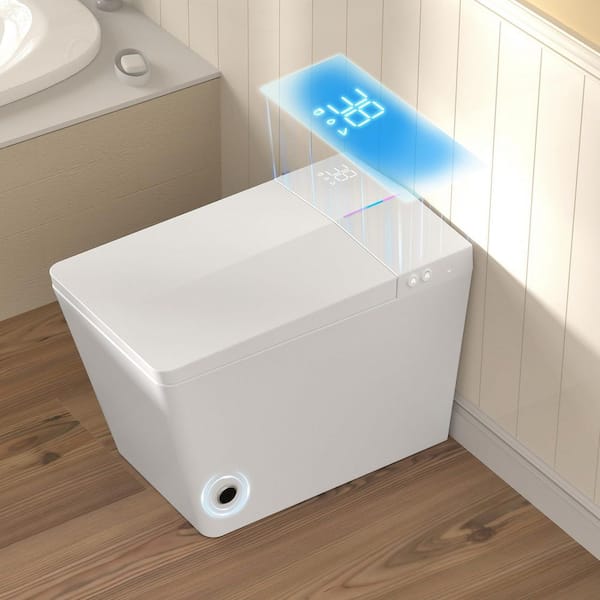Rear Outlet Square Smart Bidet Toilet 1.28 GPF in White with Auto Soft Close, Foot Sensor, LED Night Light