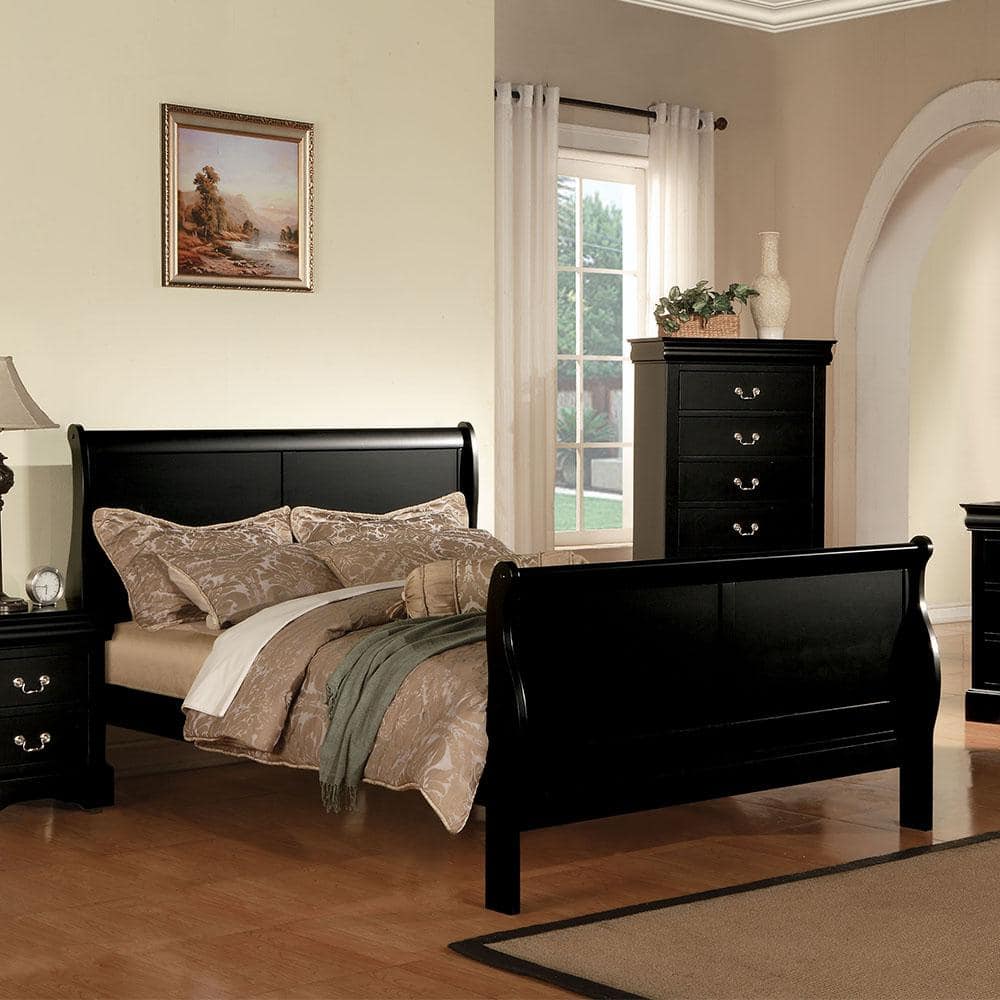 Elegant Queen-Sized Sleigh Bed with 6-Drawer Storage in Black Wood