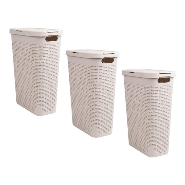 Ivory 23.5 in. H x 10.4 in. W x 18 in. D Plastic Modern 40L Slim Rectangle Laundry Room Hamper with Lid, Set of 3
