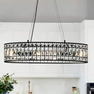 31.5 in. Modern 4-Light Black Island Chandelier with Glam Crystal Oval Shade, LED Bulb Compatible