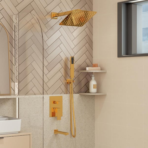 1-Spray Patterns with 2.5 GPM 10 in. Tub Wall Mount Dual Shower Heads in Spot Resist Gold