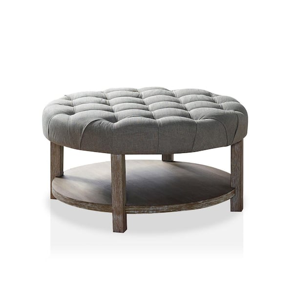 Furniture of America Ipek Light Gray Round Button Tufted Ottoman