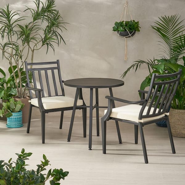 Unbranded Black 3-Piece Metal Round Outdoor Bistro Set with White Cushion