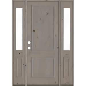 64 in. x 96 in. Rustic Knotty Alder Right-Hand/Inswing Clear Glass Grey Stain Square Top Wood Prehung Front Door