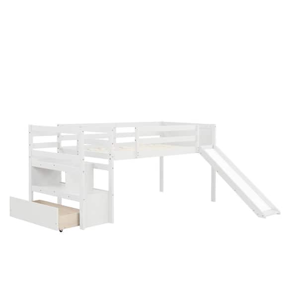 URTR White Wood Low Loft Bed Frame Twin Size Loft Bed with Pine Wood ...