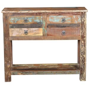 42 in. Brown Rectangle Solid Wood Distressed Floor Shelf Console Table with Shelves And Drawers
