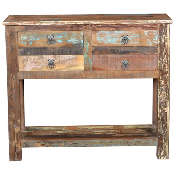 HomeRoots 42 in. Brown Rectangle Solid Wood Distressed Floor Shelf Console Table with Shelves And Drawers