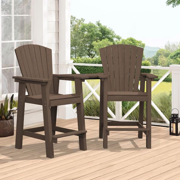 VINGLI Set Of 2 Tall Adirondack Chairs With Double Connecting Tray – White HDPE Weather Resistant Outdoor Bar Stools For Patio, Deck, Pool