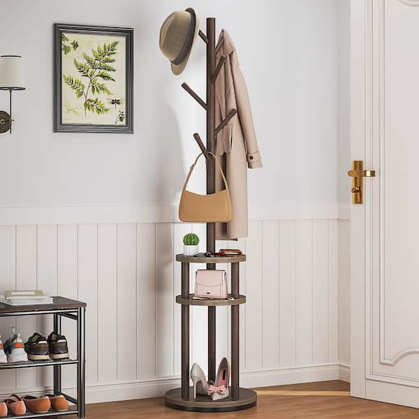 Rotating Coat Rack with Shelves, Freestanding Hall Tree w/ 6-Hooks for Jackets, Hats, Scarves, Bags and Umbrellas, Brown