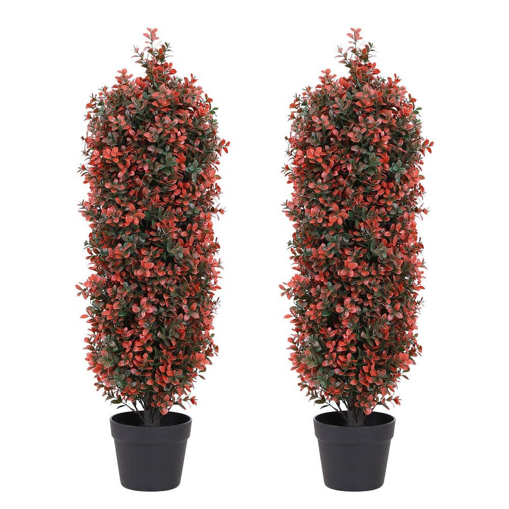 35 in. Red Artificial Cone Shape Boxwood Topiary Trees Potted Faux Outdoor 
