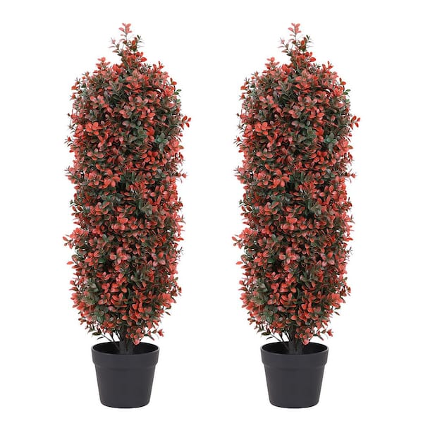 Unbranded 35 in. Red Artificial Cone Shape Boxwood Topiary Trees Potted Faux Outdoor Plants for Porch Door Decor 2-Pack