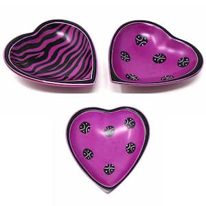 Small Soapstone Pink Heart Bowls with Designs (Set of 3), Fuchsia