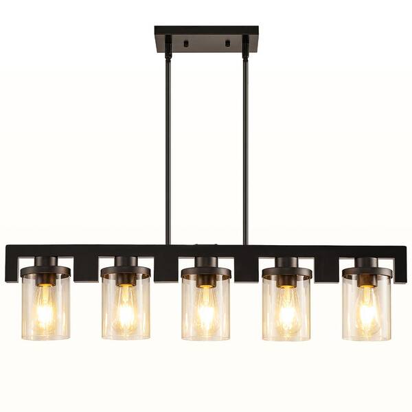 Magic Home 5-Light Modern Industrial Chandelier Rectangle Black Linear Pendant Light Over Table ...