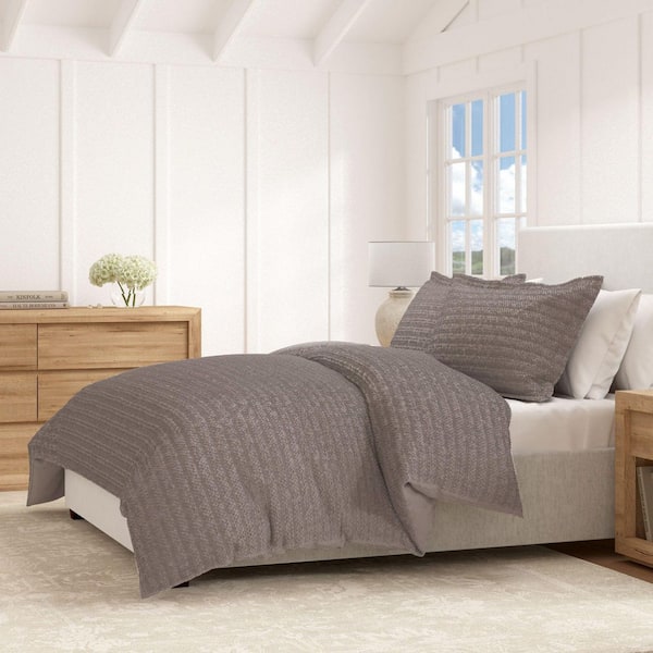 Grey 100% Cotton Honeycomb Waffle 3-Piece Full / Queen Duvet Set with Shams