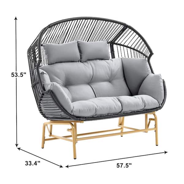 2-Seat DarkGray Wicker Egg Chair Patio Glider, Backyard Living Room Indoor/Outdoor Chaise Lounge with LightGray Cushions