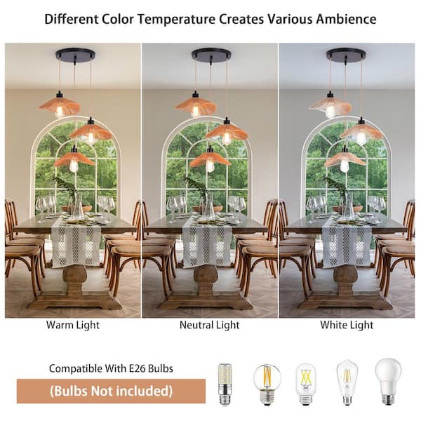 Genoci 3-Light Rattan Farmhouse Black Cluster Chandelier for Kitchen Island Living Room Bedroom with No Bulbs Included OY8017-3Br