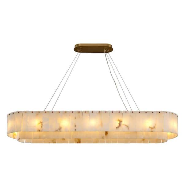 14-Light White Alabaster Chandelier, Adjustable Modern Rectangle Chandelier for Dining Room, Kitchen Island-L54 in.