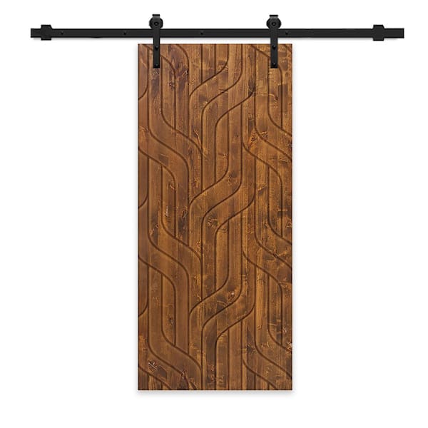 CALHOME 30 in. x 96 in. Walnut Stained Pine Wood Modern Interior Sliding Barn Door with Hardware Kit