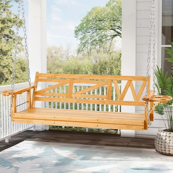 Unbranded 3-Person Nature Wood Porch Swing with Hanging Chains Upgraded Cupholders