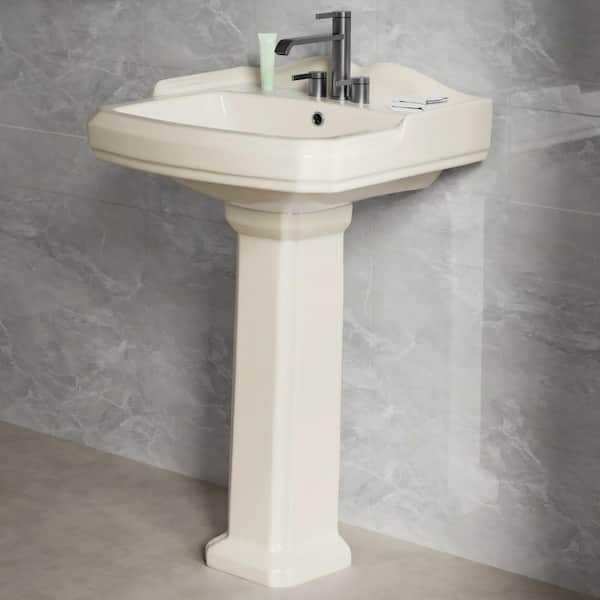 23" W x 19.25" D Pedestal Bathroom Sink Combo in Bone Rectangular Vitreous China Sink with Overflow and 3 Faucet Holes