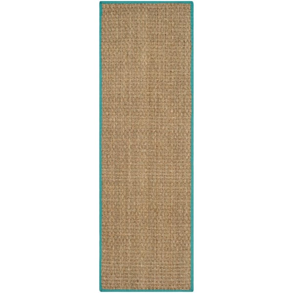 Natural Fiber 3 ft. x 14 ft. Natural/Teal Solid Runner Rug