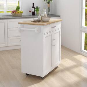 32.87 in. W White Kitchen Island Rolling Trolley Cart with Rubber Wood Table Top Drawer Towel Rack and Tableware Cabinet