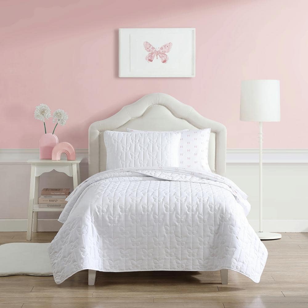 Laura Ashley Butterfly Kiss 2-Piece White Microfiber Twin Quilt Set  USHSA91243316 - The Home Depot