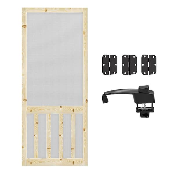 36 in. x 80 in. Universal Unfinished Pine Vertical Slat Screen Door with Lock-Classic 5-Bar Style Gauze Mesh Hinged Door