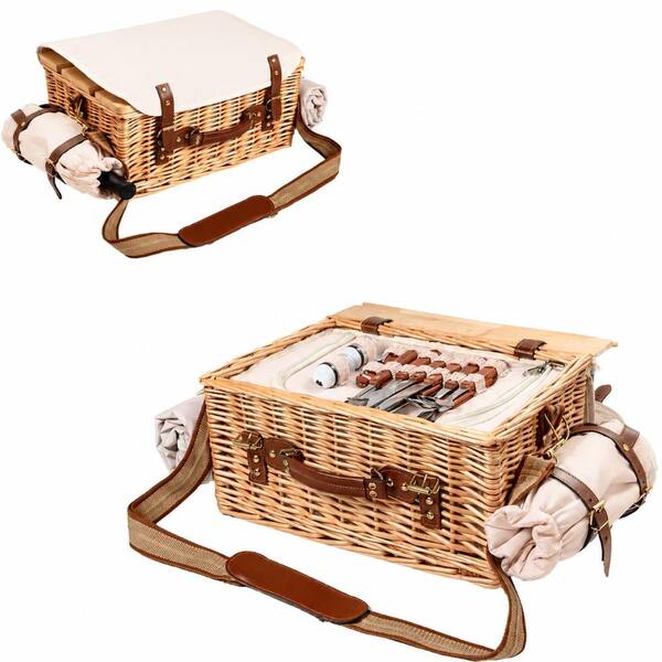 15.75 x 11.42 x 7.87 in Wicker Rattan Picnic Basket Set for 4 with Blanket Folding Table and Full Tableware