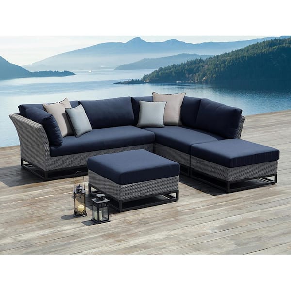 OVE Decors Torrance Brown Aluminum Outdoor Sectional Set with Olefin Blue Cushions