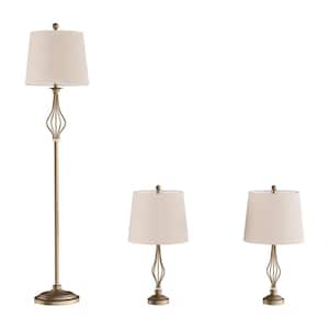27 in. Modern Rustic Curved Openwork LED Table Lamps and 61.5 in. Distressed Gold Floor Lamp (Set of 3)