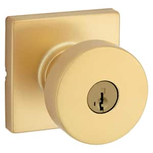 Pismo Satin Brass Square Keyed Entry Door Knob Featuring SmartKey Security