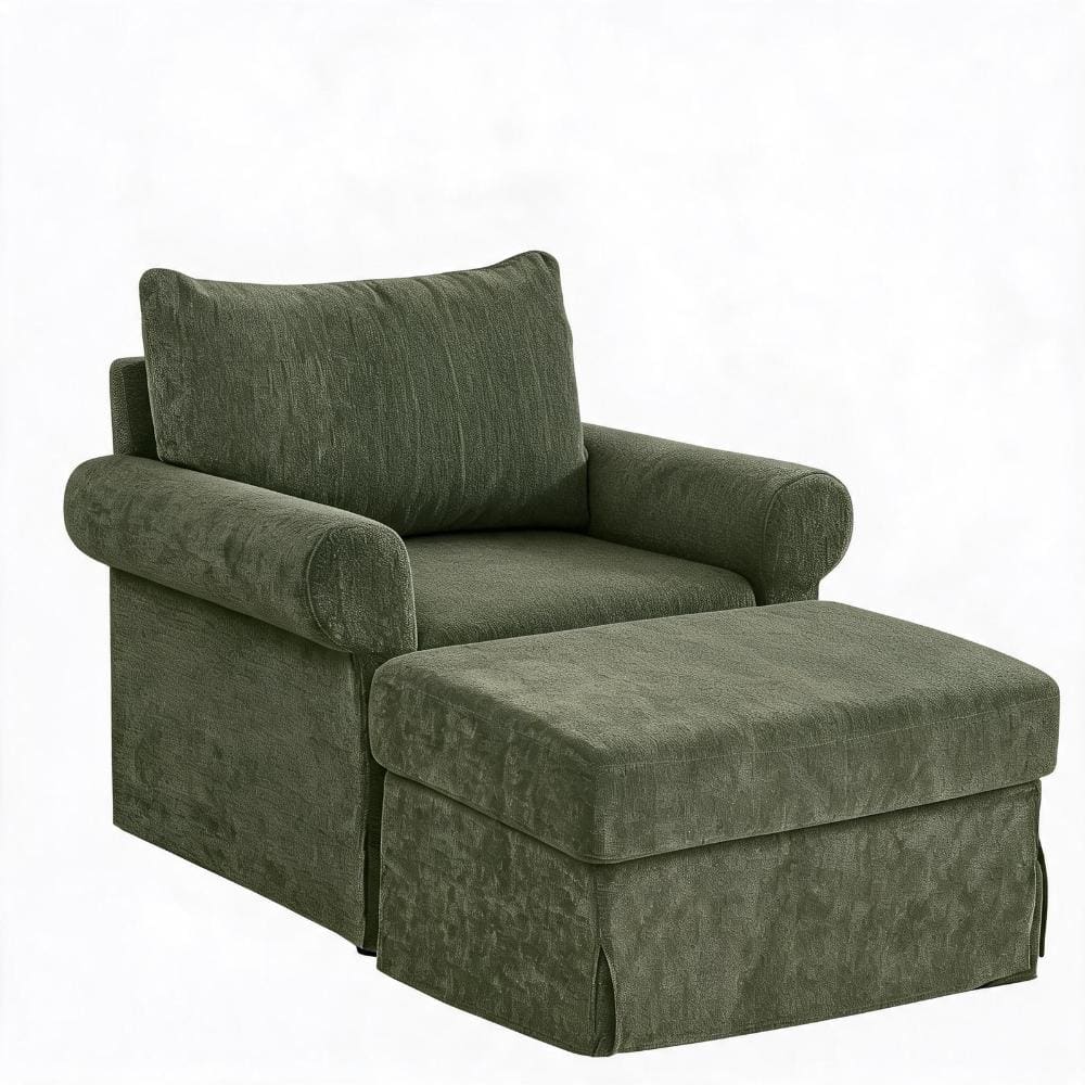 37.5 in Curved Arm Chenille Accent Chair with Ottoman Single Sofa in Green durable construction