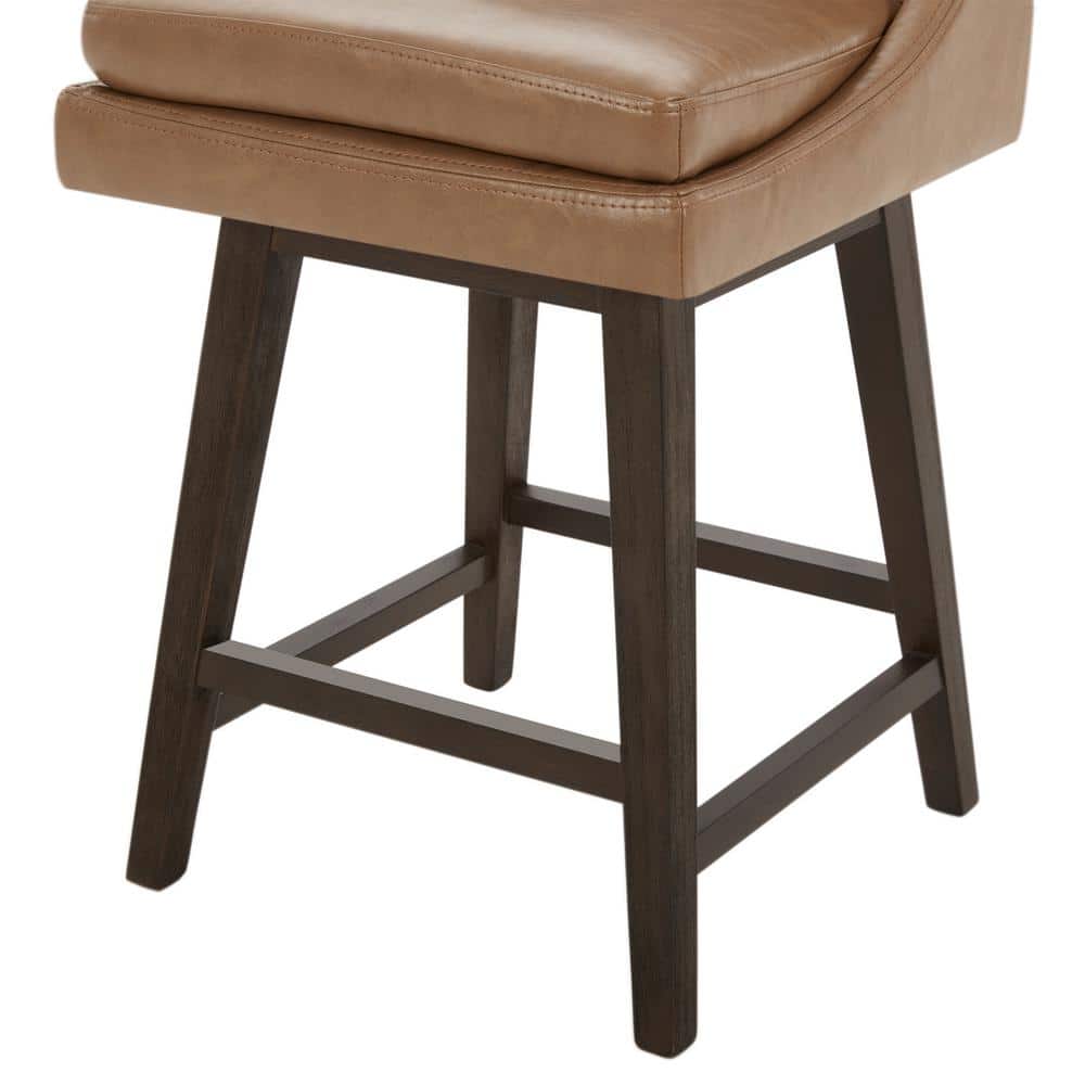 Saddle Brown Faux Leather Swivel Counter Stools with Espresso Wood Frame, Set of 2