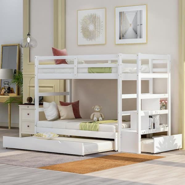 Twin Over Twin/King (Irregular King Size) Bunk Bed with Twin Size Trundle, Extendable Bunk Bed - White