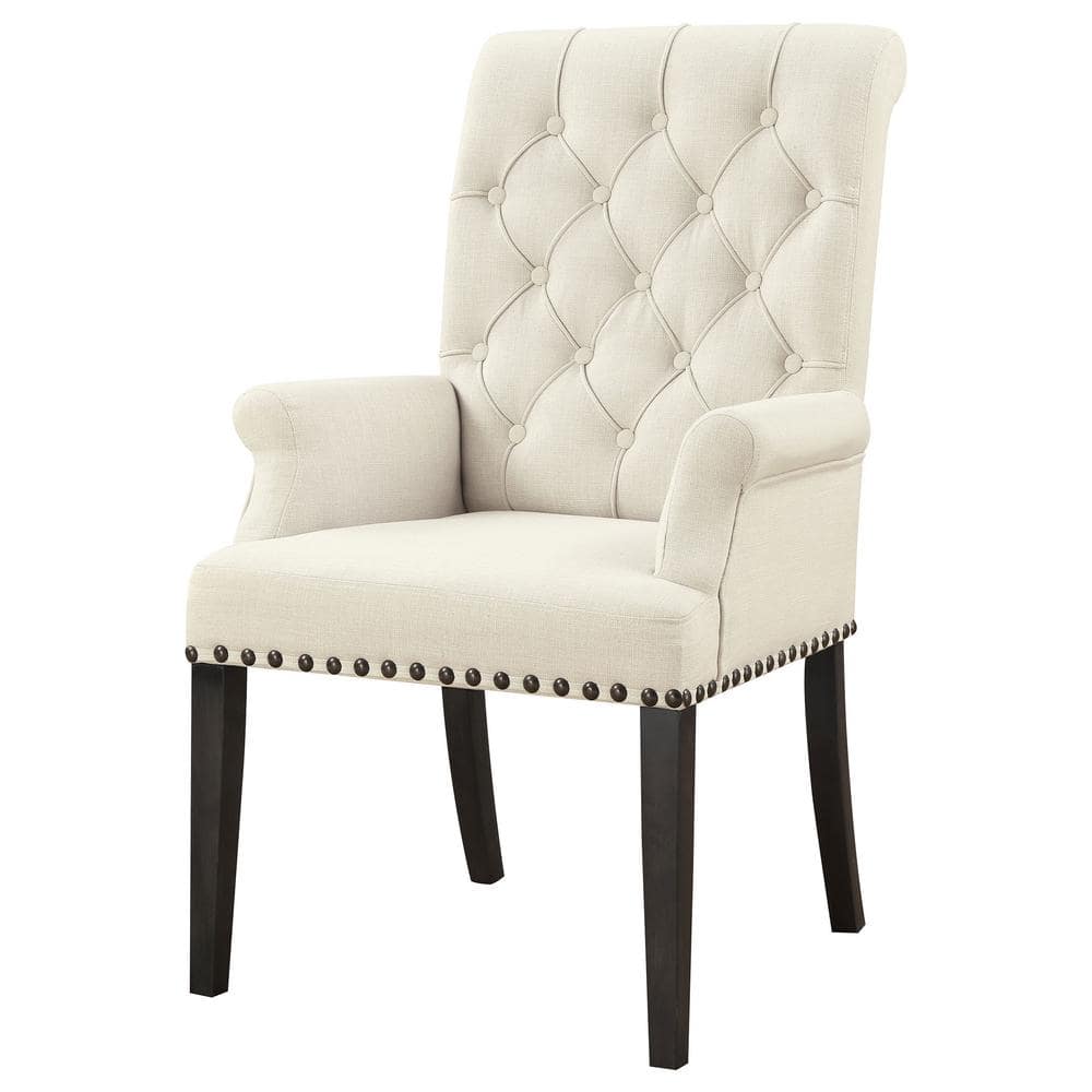 Elegant Beige Linen Upholstered High Arm Chair with Smokey Black Wood