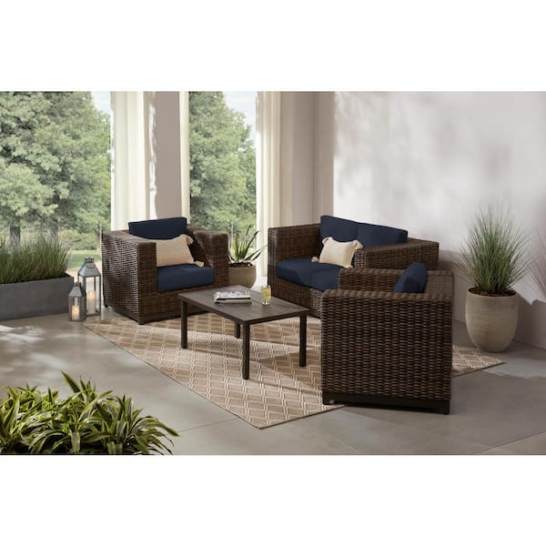 Hampton Bay Fernlake 4-Piece Brown Wicker Patio Conversation Set with CushionGuard Midnight Cushions
