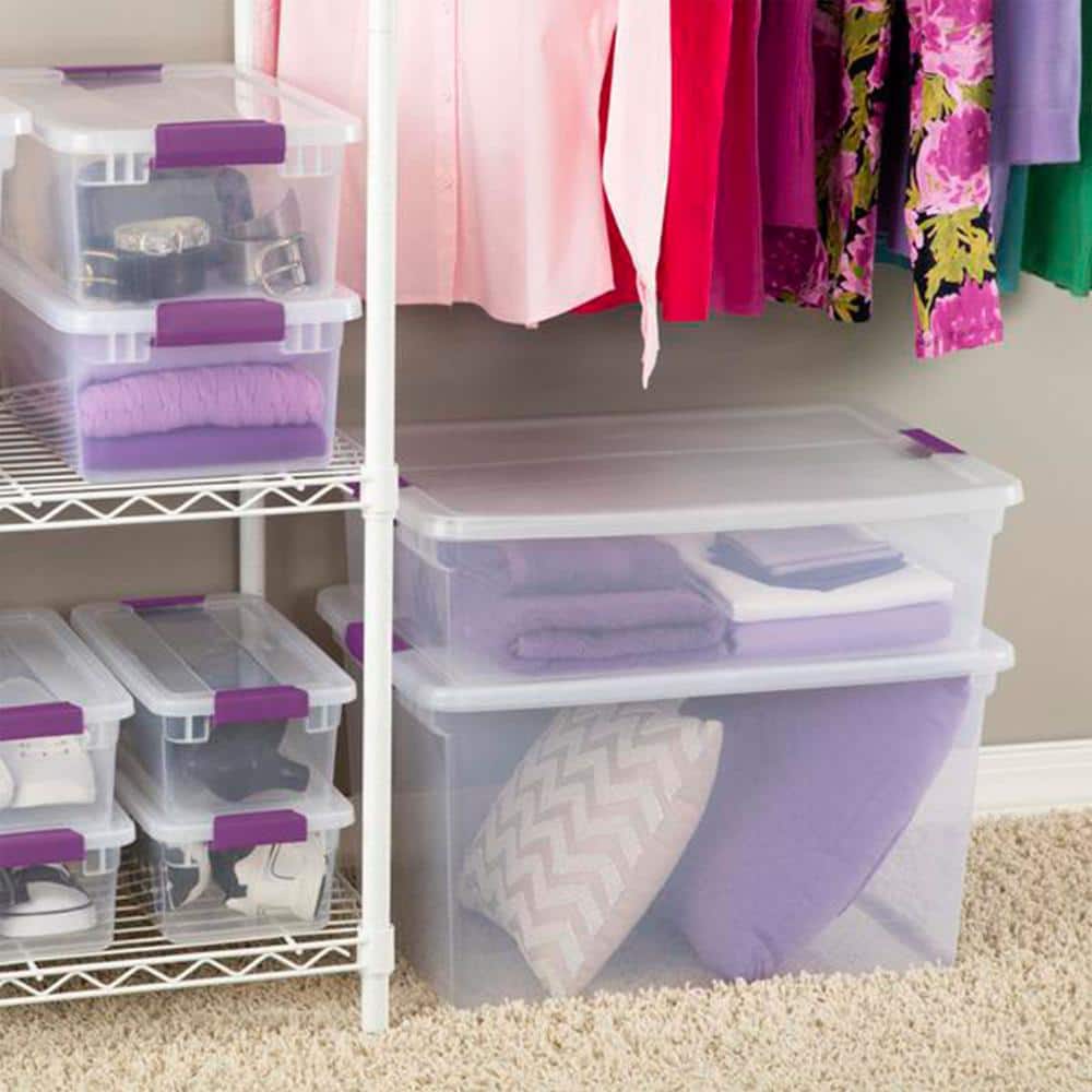Clear Plastic Stackable Lidded Underbed Storage Boxes, 66 Quart, 6 Pack