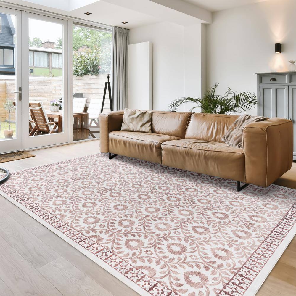 Ivory and Red Floral Synthetic Washable Area Rug