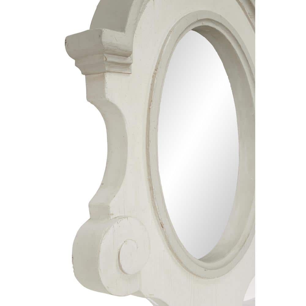 Large Antique Cream Wood Oval Wall Mirror with Carved Scrolls