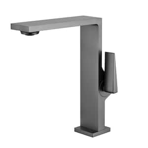 Simple Single Handle Single Hole Low Arc Bathroom Faucet with Supply Line in Matte Gray