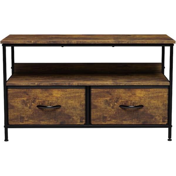 11 in. L x 22in. W x 38 in. H 2-Drawer Rustic Brown TV Stand Steel Frame Wood Top Easy Pull Fabric Bins