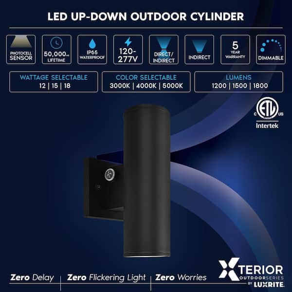 10 in. Black Dusk to Dawn Outdoor LED Cylinder Wall Sconce Light 3CCT 3000K-5000K 12-Watt/15-Watt/18-Watt ETL IP65